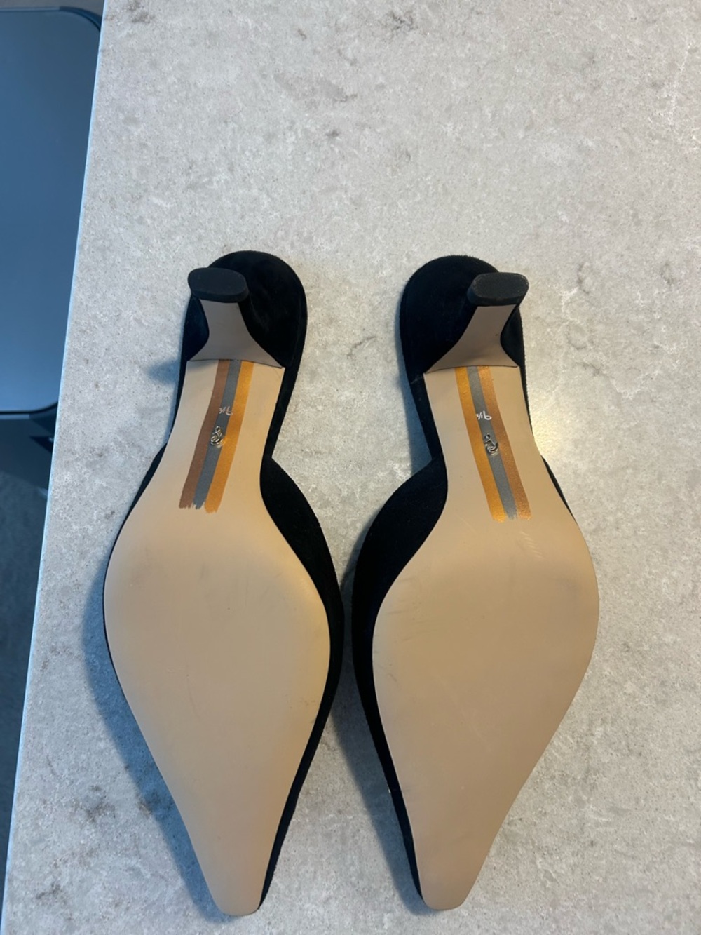 Sam Edelman Black Pointed Mule Heels with Gold Buckle Accent - Picture 4 of 4